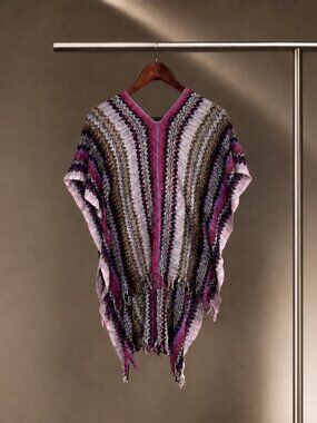 Missoni Zigzag Knit Poncho Fringe Pink Purple 100% Cotton One Size NWT Italy